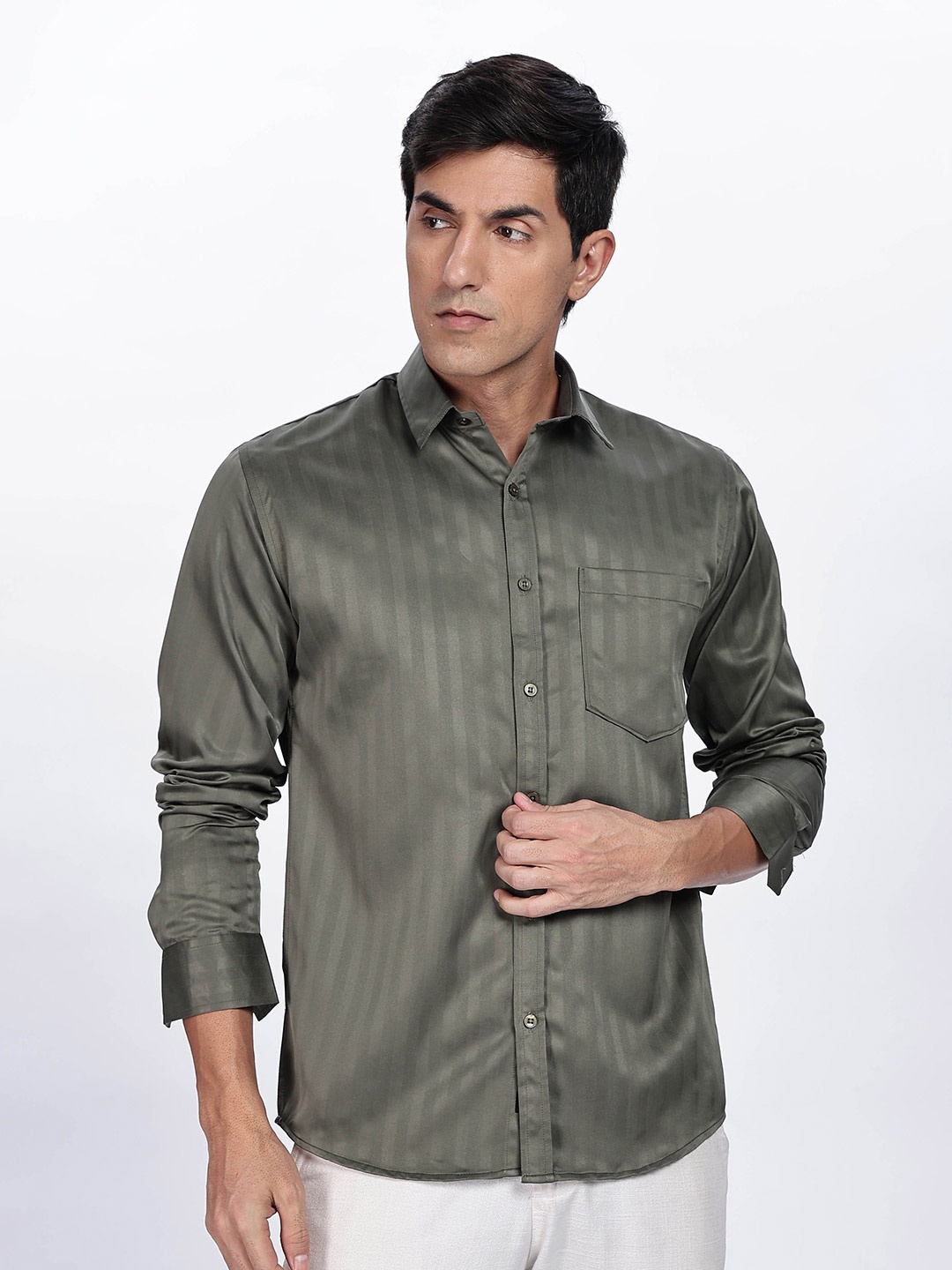 

BUMCHIQ Men Comfort Slim Fit Spread Collar Vertical Striped Casual Shirt, Olive