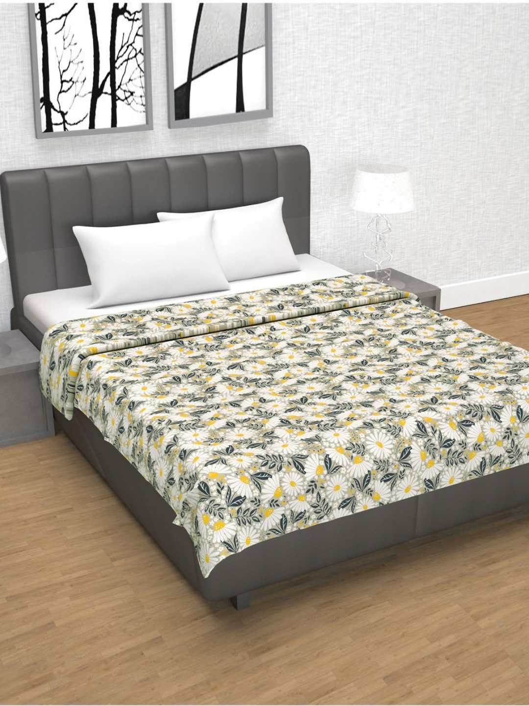 

Divine Casa Grey Floral AC Room 120 GSM Double Bed Dohar