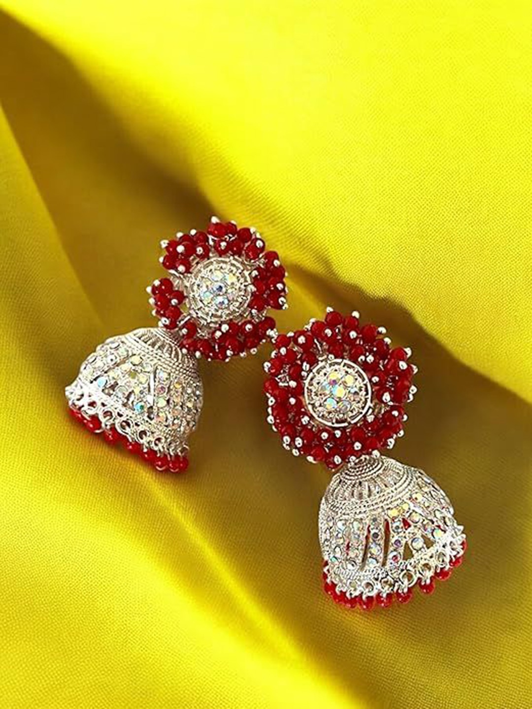 

JMBW INTERNATIONAL 925 Sterling Silver Plated Artificial Beaded Dome Shaped Jhumkas, Red