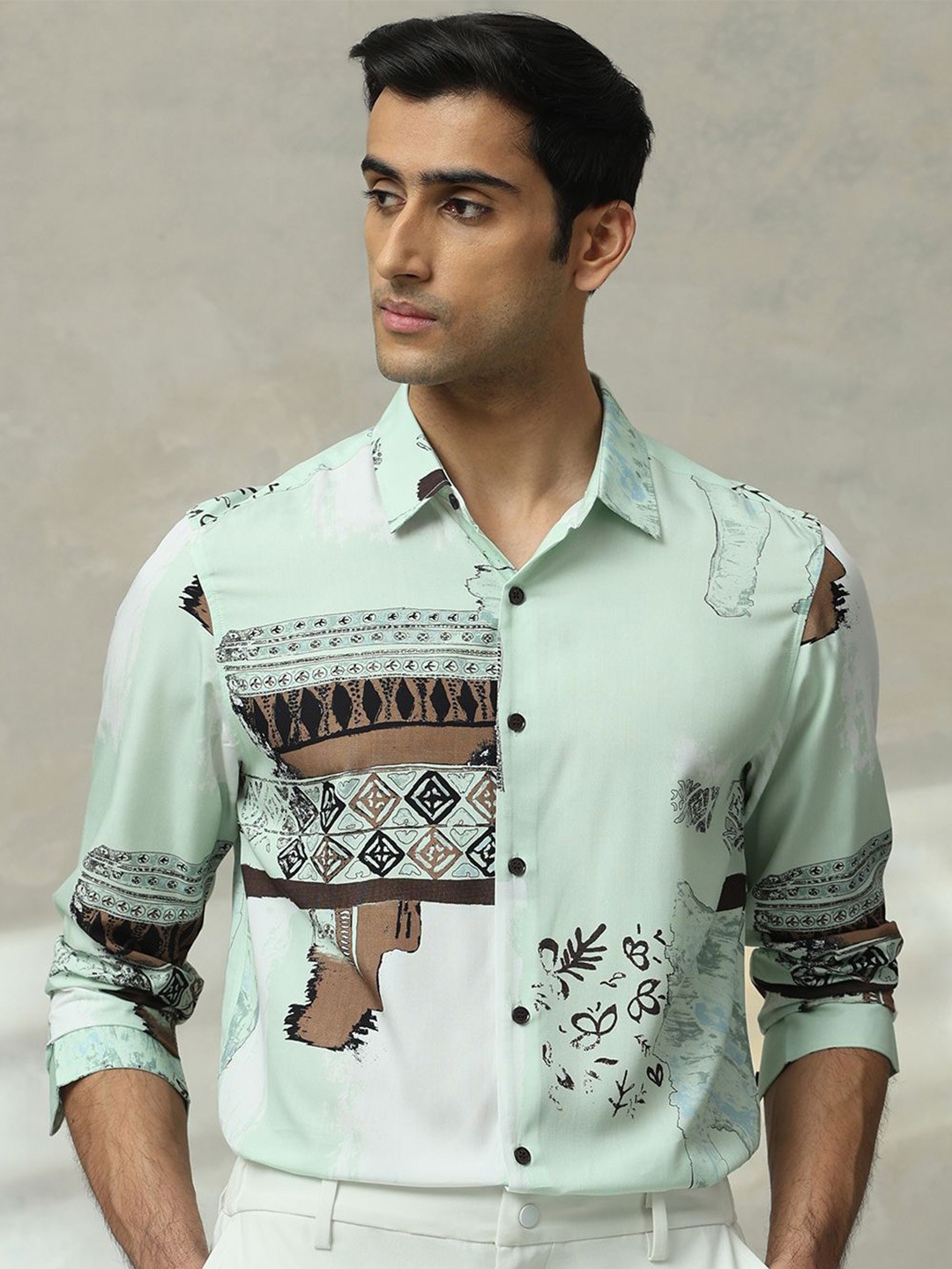 

Mufti Men Slim Fit Spread Collar Abstract Printed Casual Shirt, Green