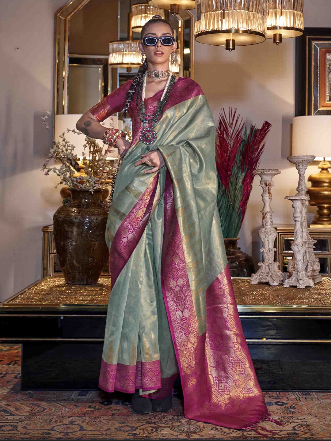 

KIMISHA Floral Zari Woven Design Saree, Blue