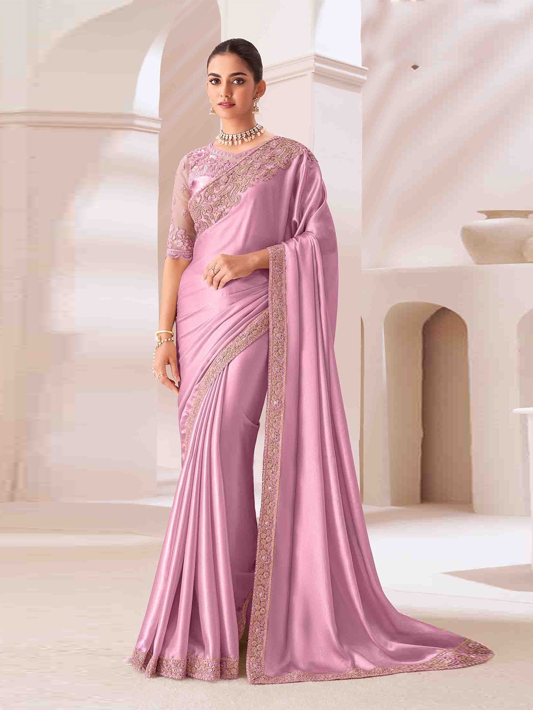 

KIMISHA Embellished Embroidered Saree, Pink