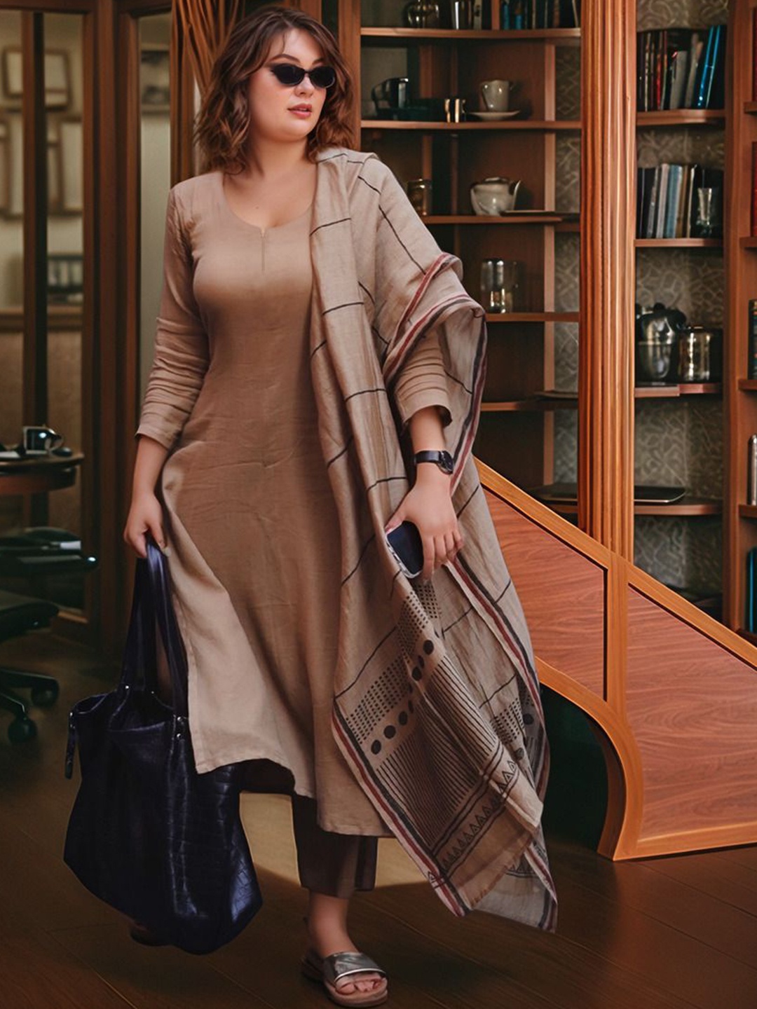 

GoSriKi Round Neck Straight Kurta With Palazzos And Dupatta, Beige