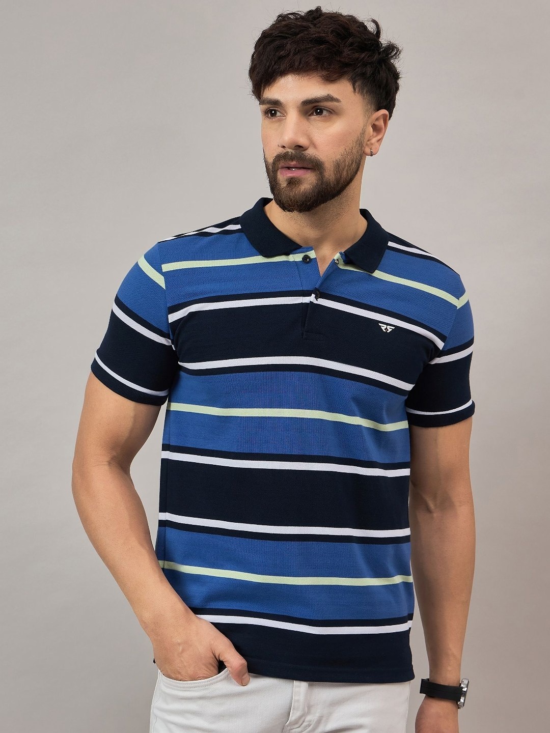 

REPRISE Men Striped Polo Collar Cotton T-shirt, Blue