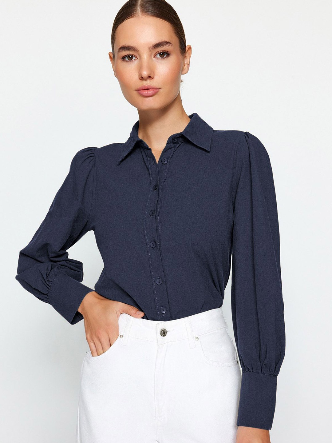 

Trendyol Women Spread Collar Solid Cotton Casual Shirt, Navy blue