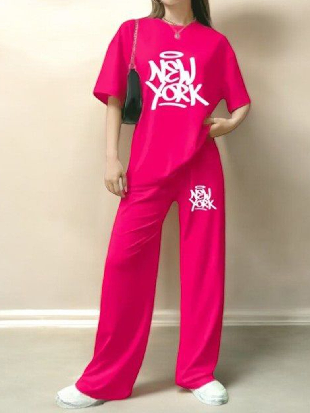 

My Swag Typography Printed Round Neck T-Shirt With Trousers, Pink