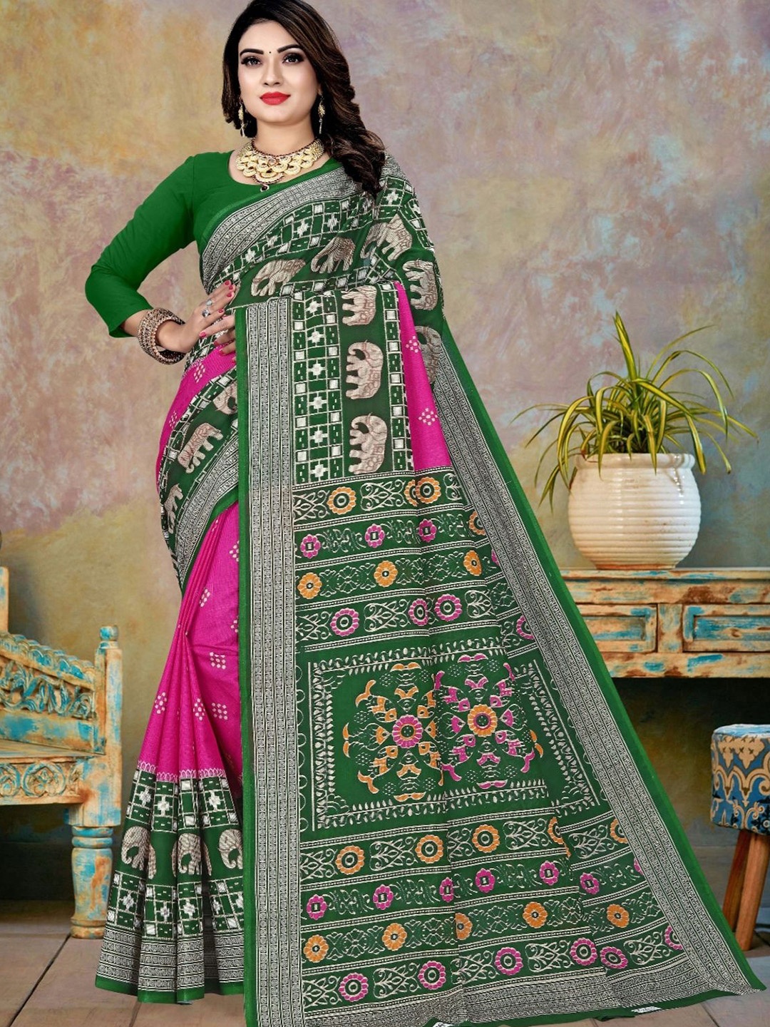 

pasapalli Ethnic Motifs Pure Cotton Sambalpuri Saree, Pink
