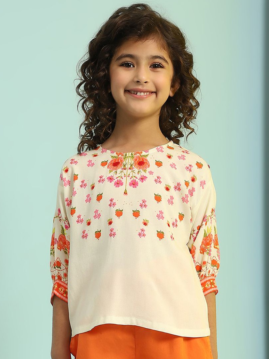 

Biba Girls Floral Printed Puff Sleeves Top, Off white