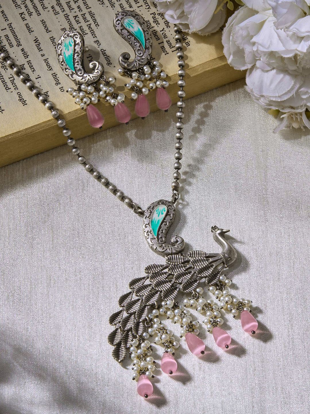 

Priyaasi Silver Plated Pink Beaded Oxidized Peacock Necklace & Earrings