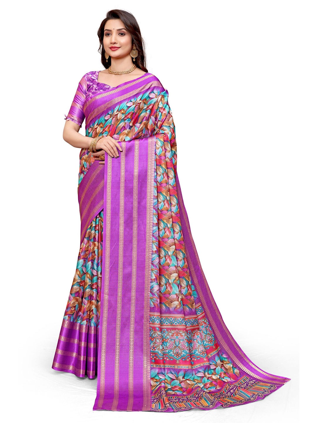 

miss mellow Floral Art Silk Banarasi Saree, Purple