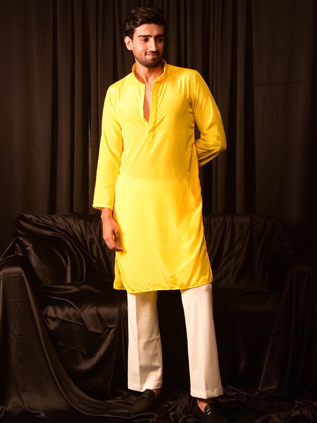 

Laalzari Men Band Collar Regular Silk Crepe Straight Kurta with Trousers, Yellow