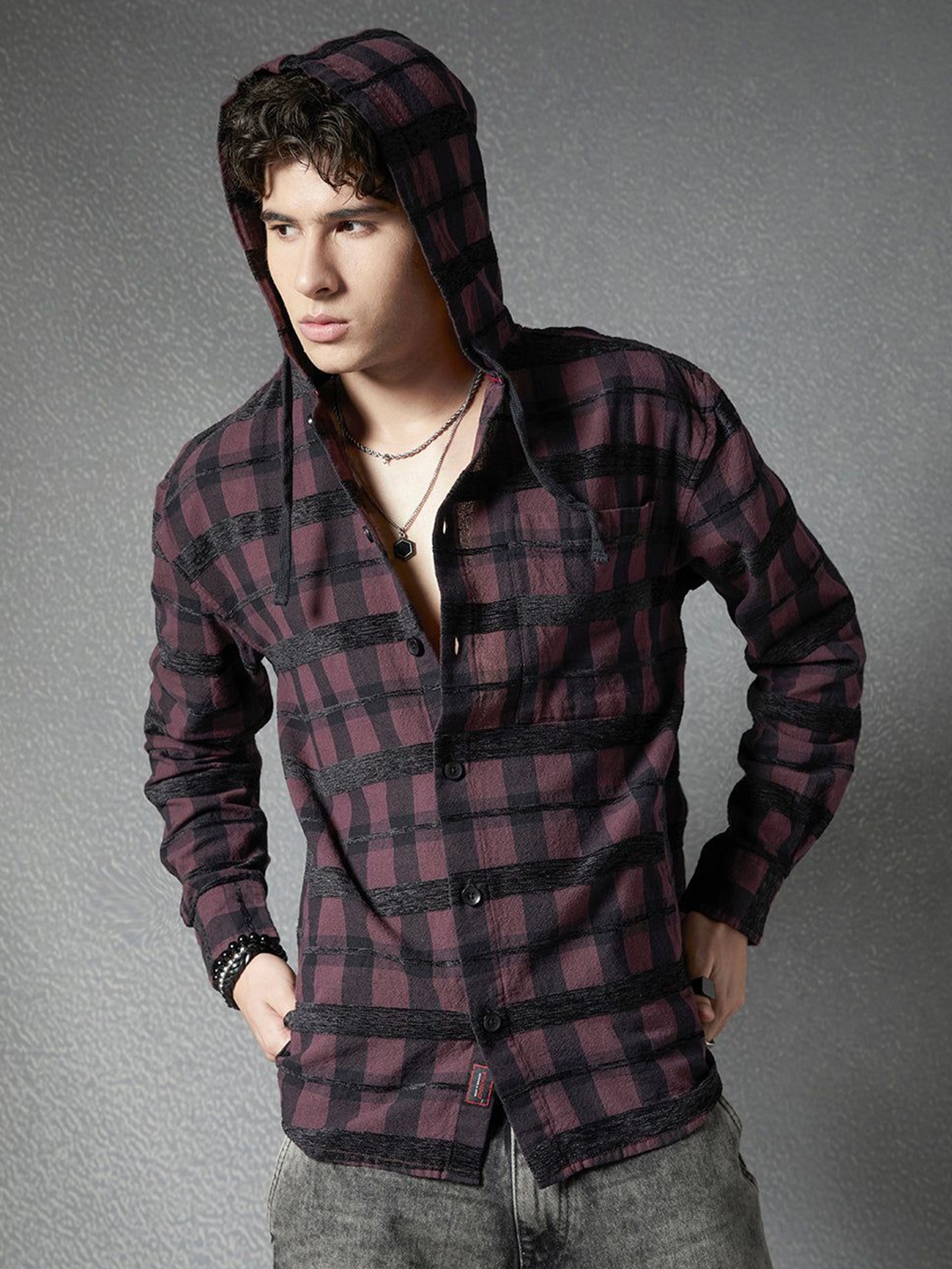 

VOLTEDGE Men Classic Relaxed Fit Hood Checked Cotton Casual Shirt, Maroon