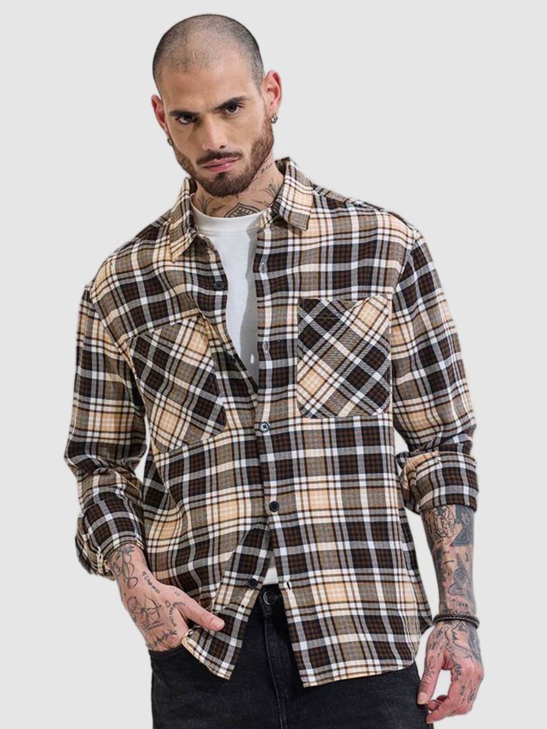 

Snitch Men Spread Collar Checked Cotton Casual Tailored Jacket, Beige