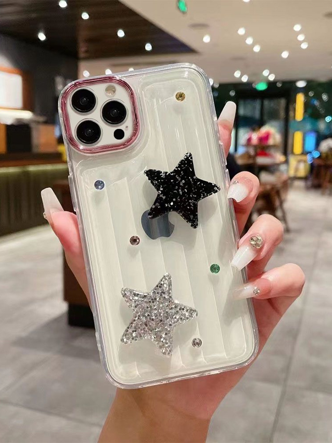 

Luxury Kase LK119 Geometric Printed iPhone 13 Pro Max Crystal Clear Bling Star Back Case, Transparent