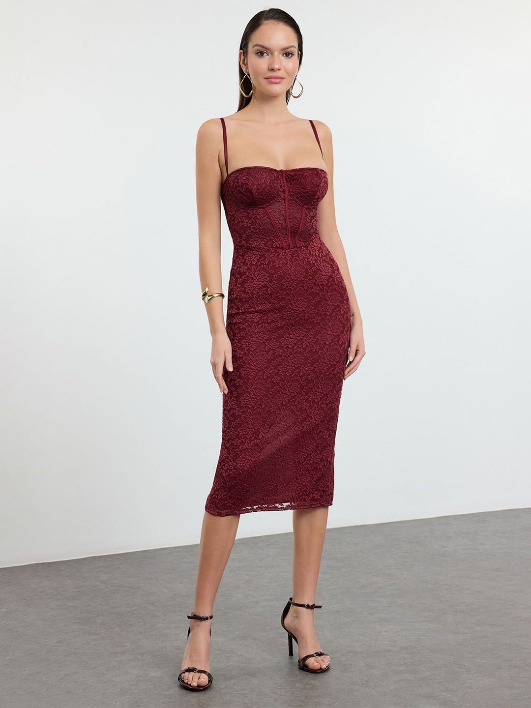 

Trendyol Women Shoulder Straps Back Slits Bodycon Midi Dress, Maroon