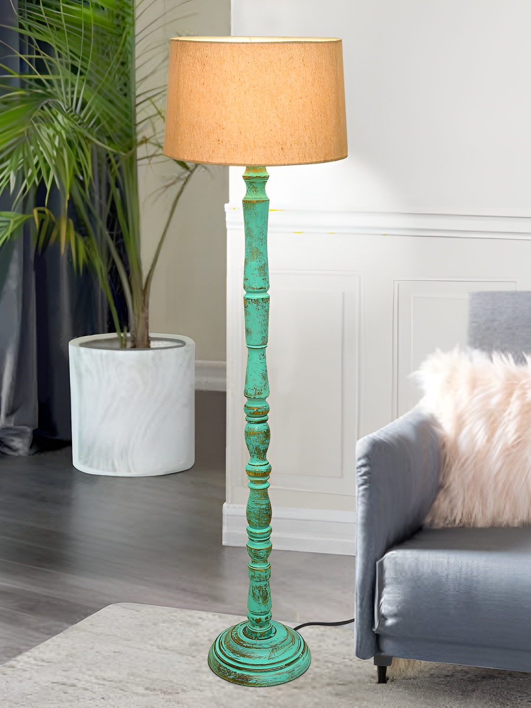 

Homesake Beige & Blue Cylinder Shaped Wooden Floor Lamp