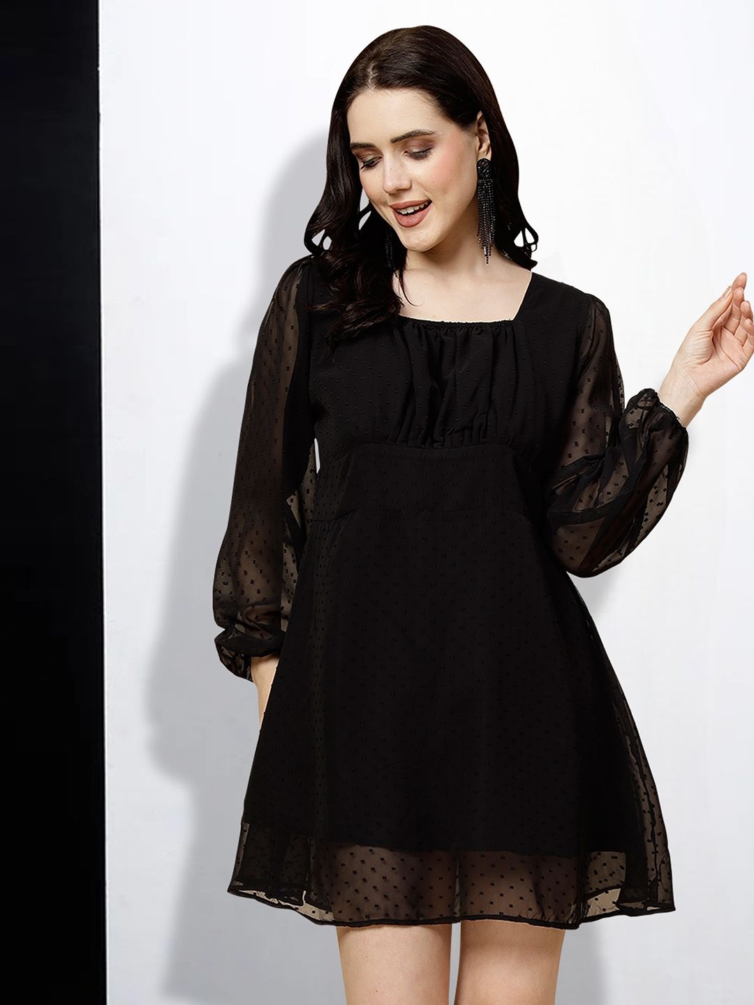 

MISS AYSE Women Self Design Square Neck Fit & Flare Dress, Black