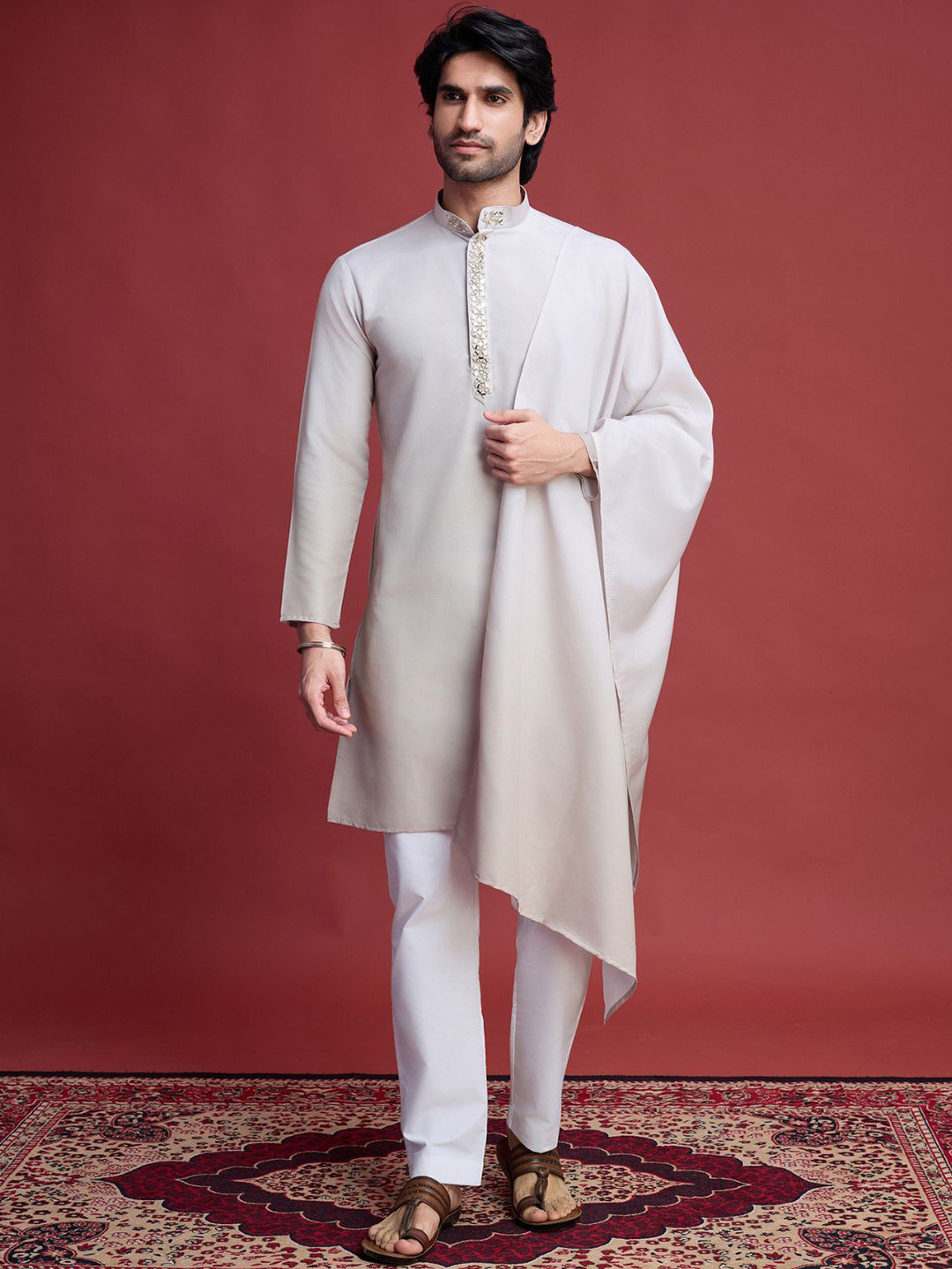 

ODETTE Men Ombre Regular Mirror Work Stitched Straight Kurta with Trousers & Dupatta, Off white