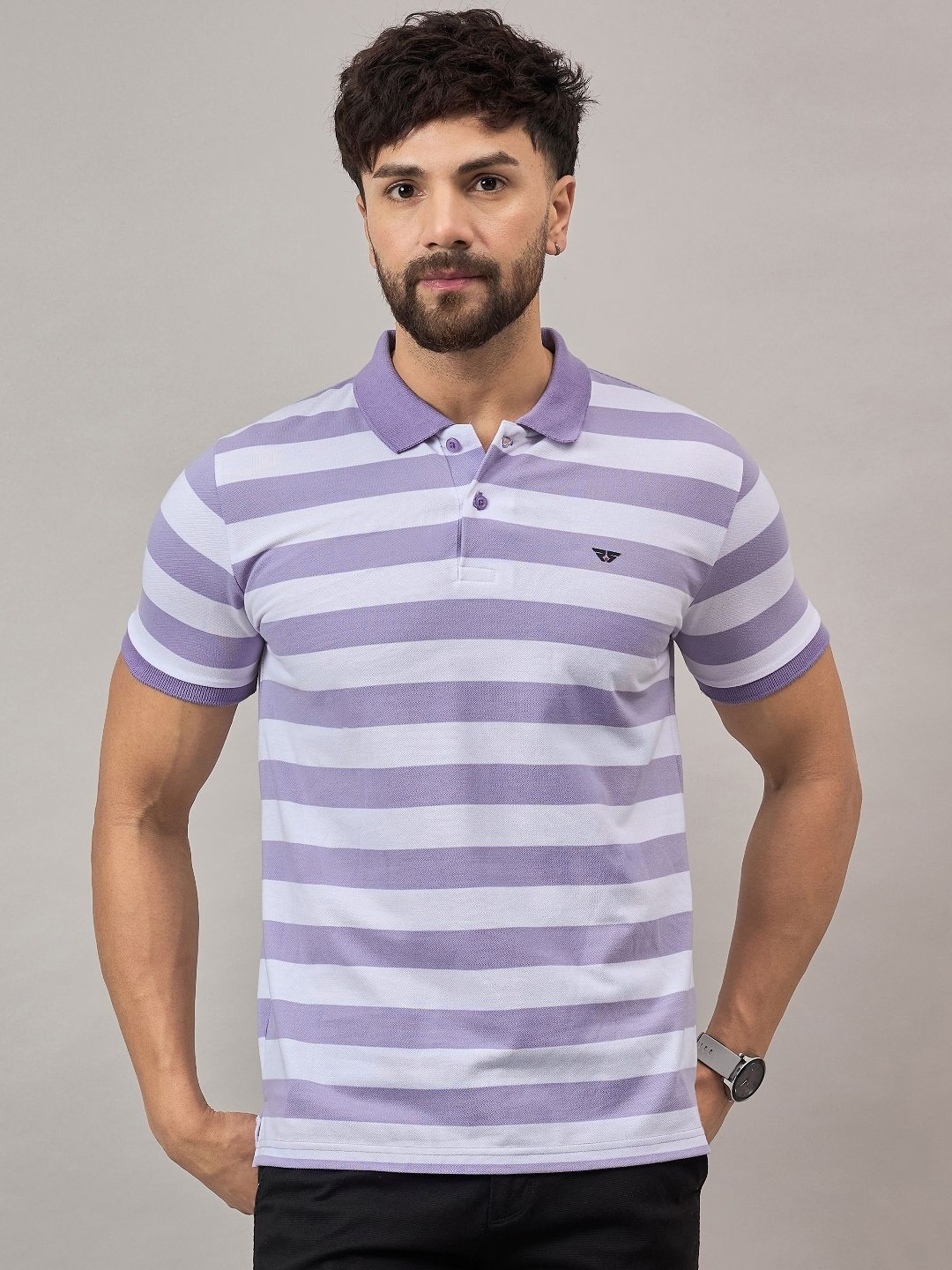 

REPRISE Men Striped Polo Collar Cotton T-shirt, Lavender