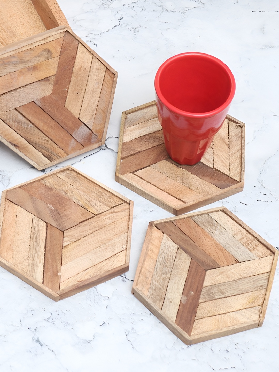 

Indianshelf Brown & Beige 4 Pieces Striped Wooden Dining Table Coasters