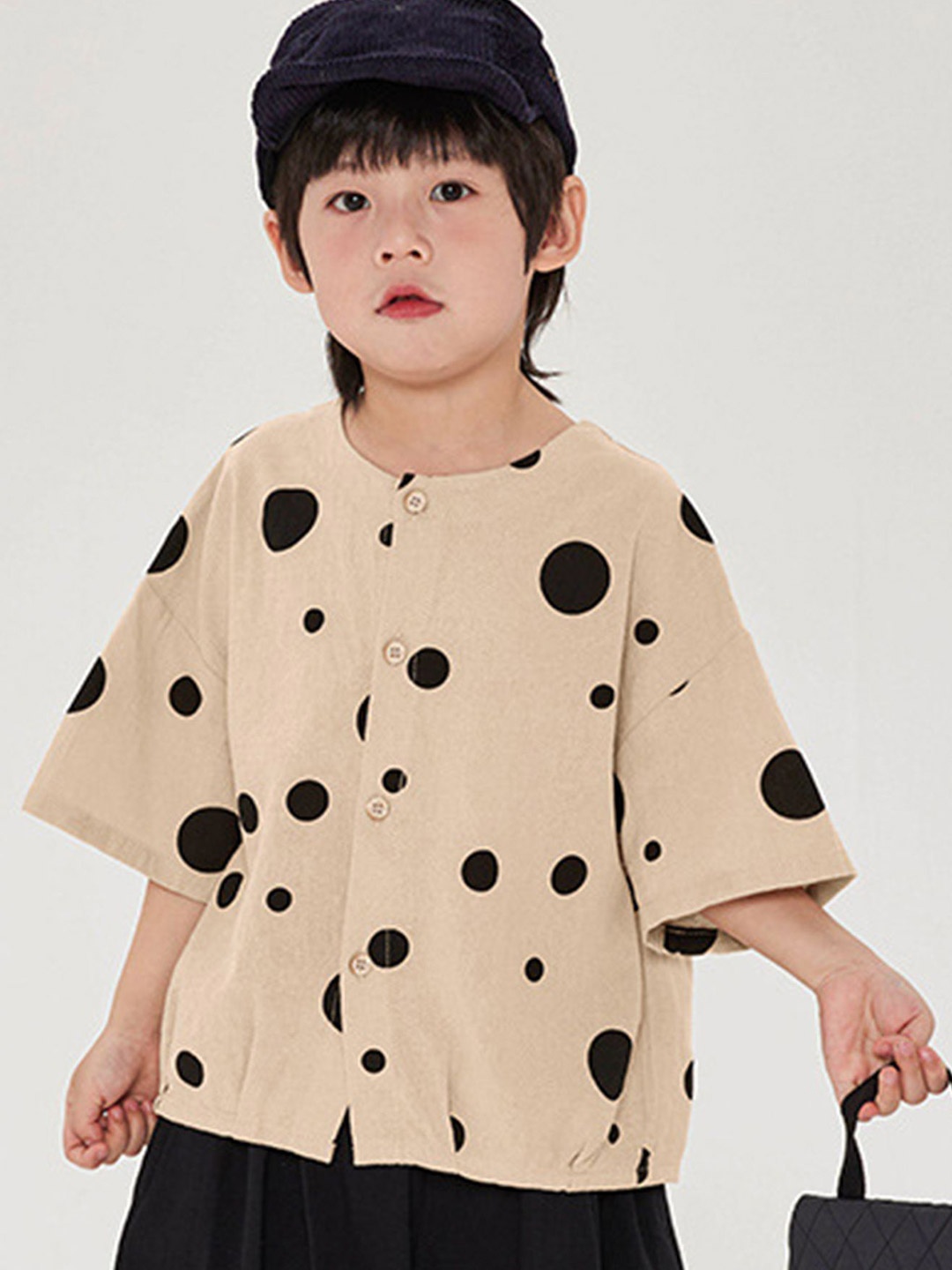 

LULU & SKY Boys Oversized Fit Collarless Geometric Printed Organic Cotton Casual Shirt, Khaki