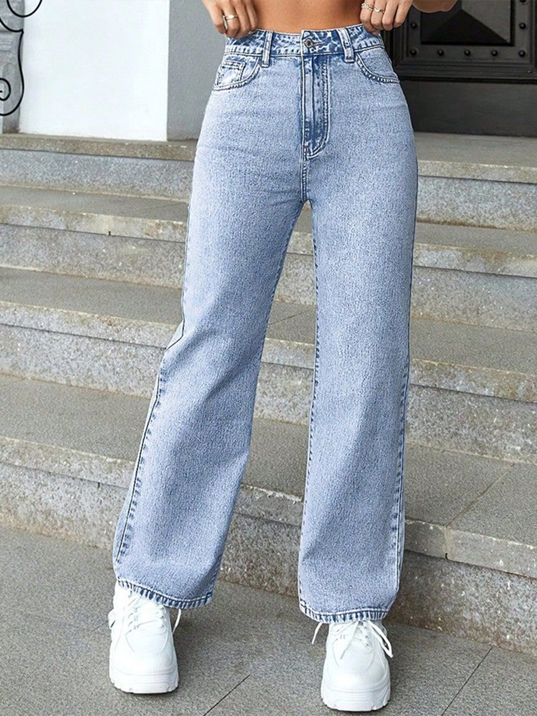 

Glossia Women Comfort Straight Fit High-Rise Light Fade Acid Wash Stretchable Jeans, Blue