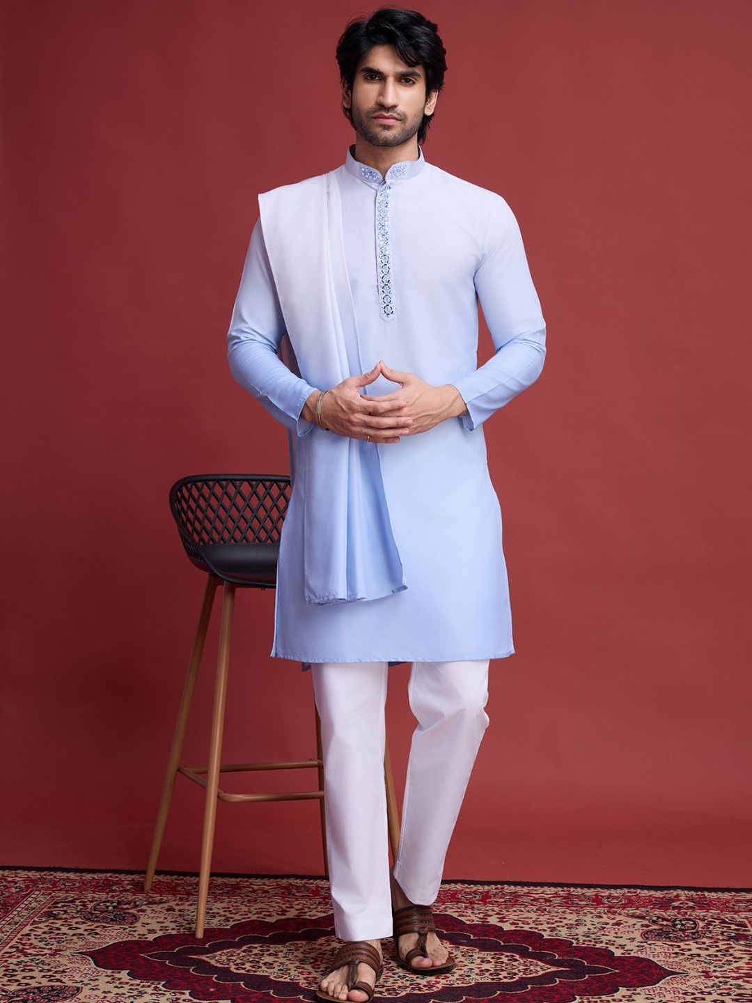 

ODETTE Men Ombre Regular Mirror Work Stitched Straight Kurta with Trousers & Dupatta, Blue