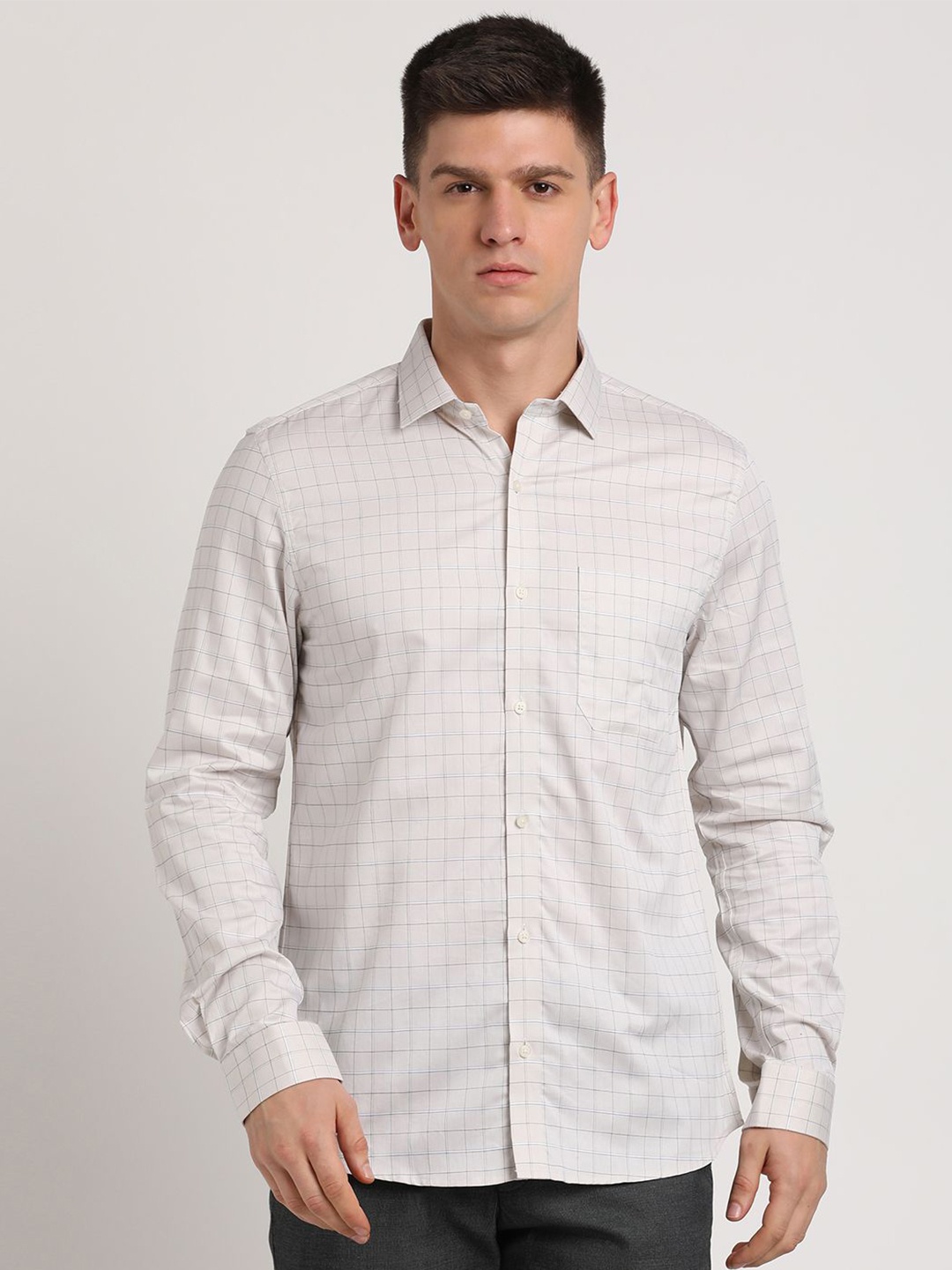 

Turtle Men Standard Slim Fit Spread Collar Grid Tattersall Checked Cotton Formal Shirt, Off white