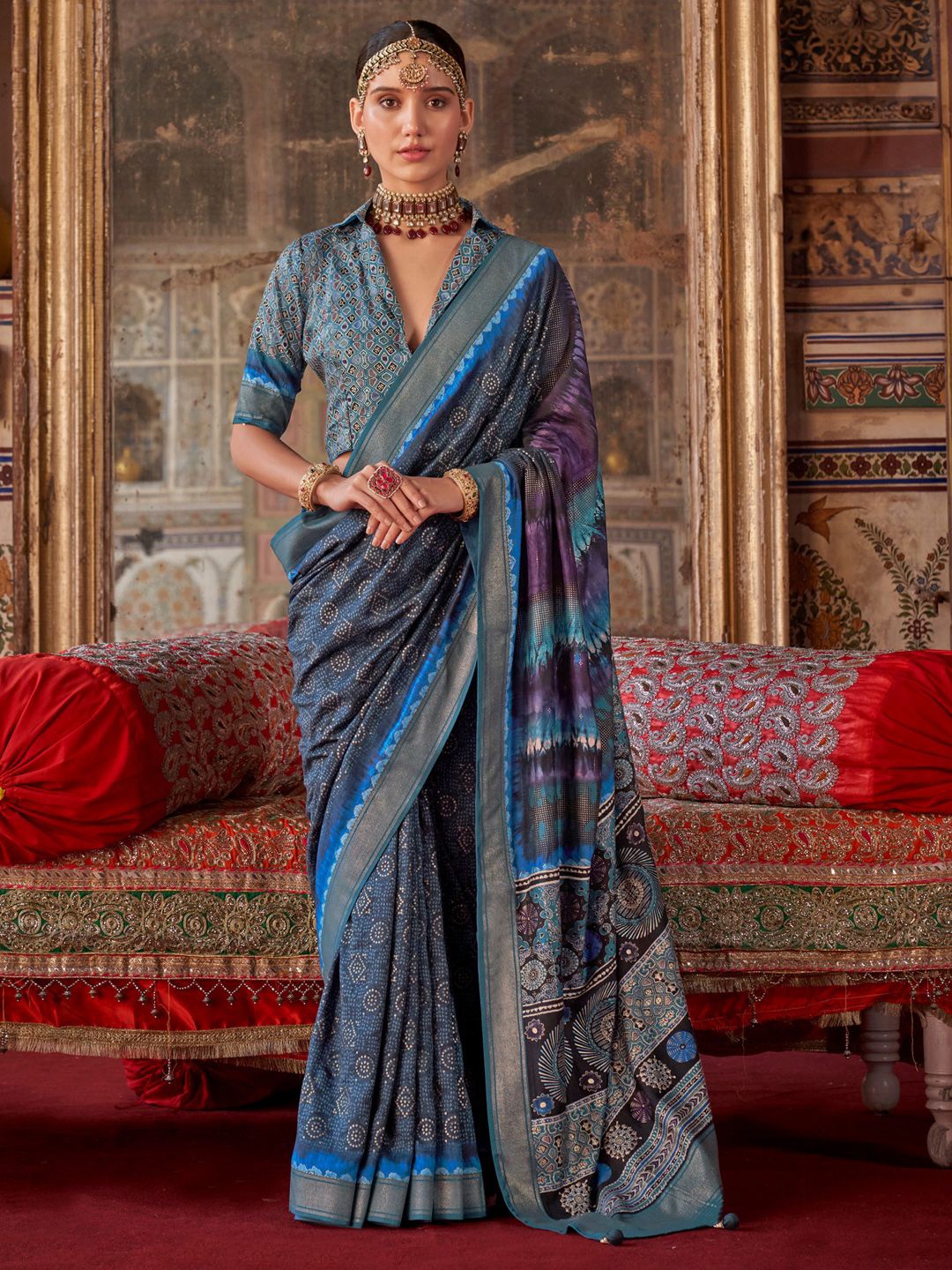 

Anouk Bandhani Zari Silk Blend Bandhani Saree, Blue