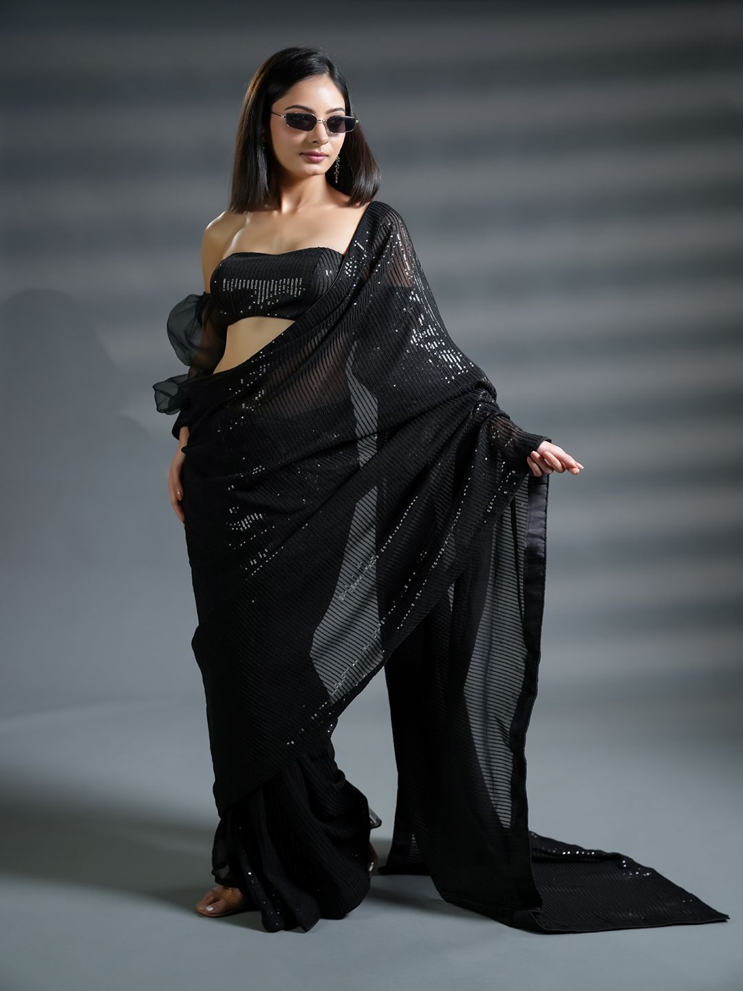 

HANDME Dazzling Black Ready to Wear Sequin Saree and Blouse Fabric