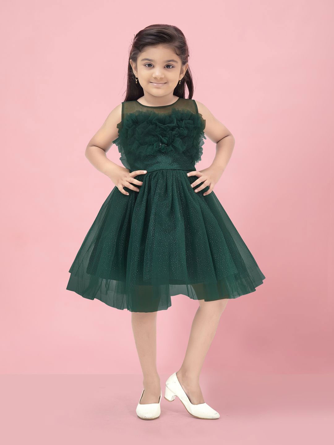 

YK Girls Net Fit & Flare Dress, Green