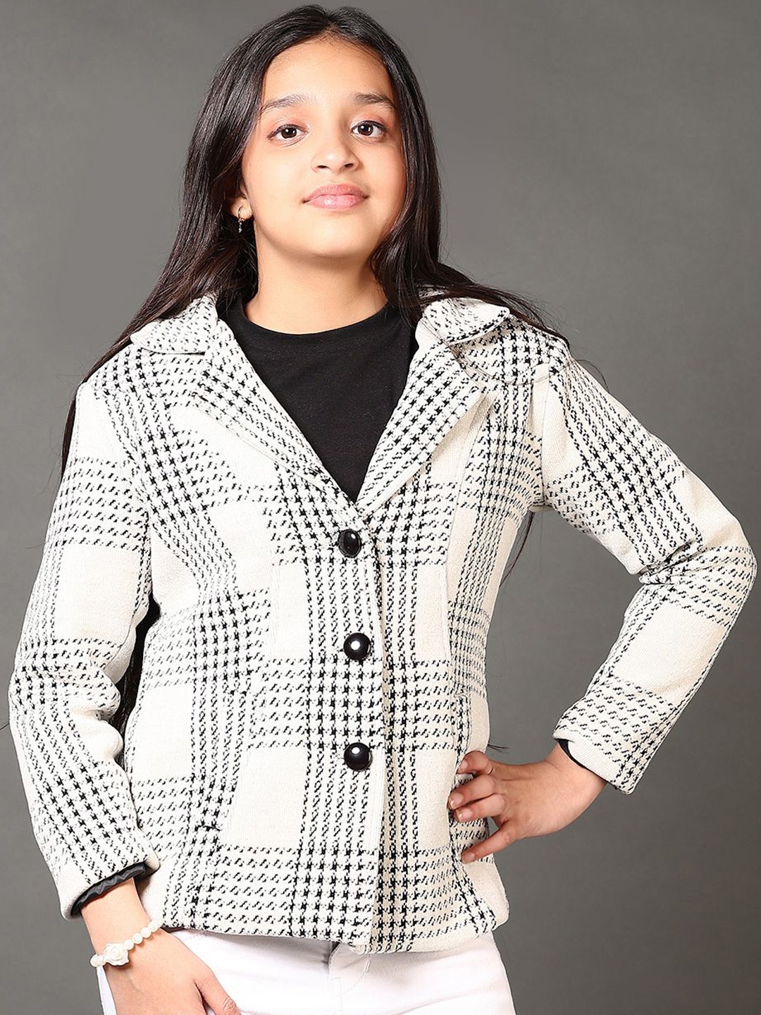 

V-Mart Girls Lapel Collar Checked Cotton Casual Tailored Jacket, White