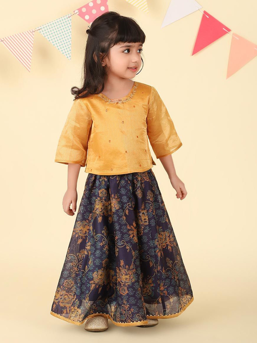

Fabindia Girls Printed Cotton Silk Ready to Wear Lehenga & Blouse, Navy blue