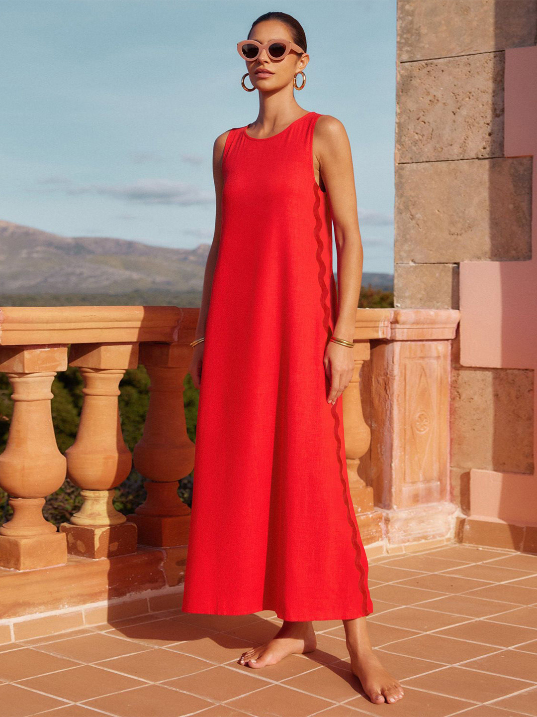 

StyleCast x Revolte Women Striped Round Neck Maxi Dress, Red