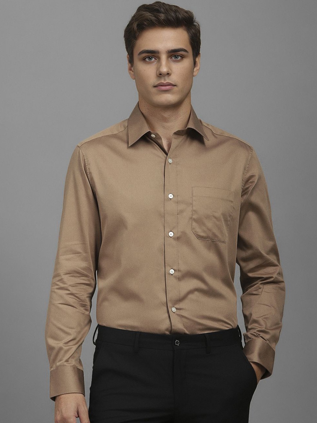 

Louis Philippe Men Classic Fit Spread Collar Solid Cotton Formal Shirt, Brown