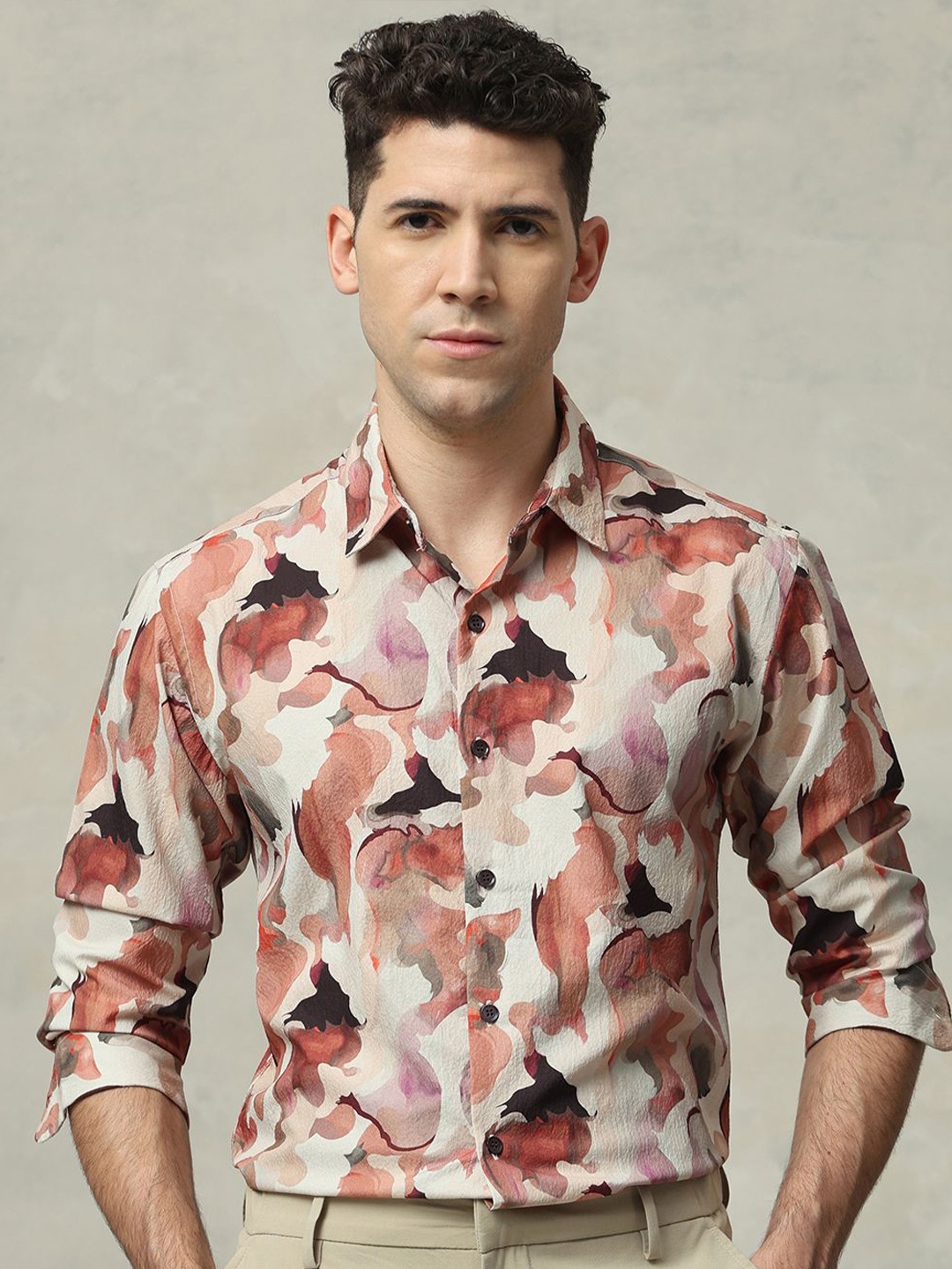 

Mufti Men Slim Fit Spread Collar Abstract Printed Casual Shirt, Peach