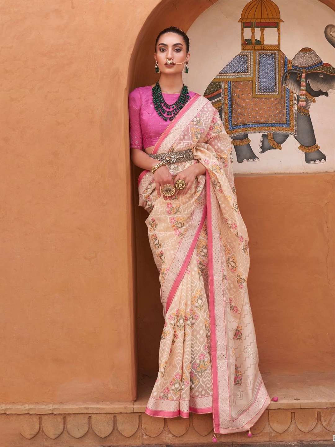 

DEVATITHI Floral Beads and Stones Tissue Patola Saree, Beige