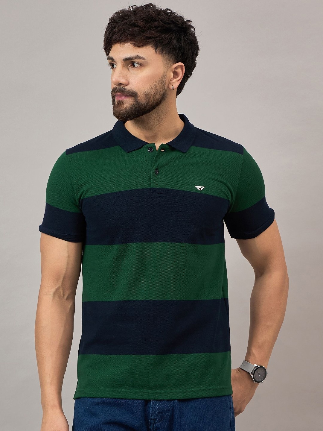 

REPRISE Men Striped Polo Collar Cotton T-shirt, Green