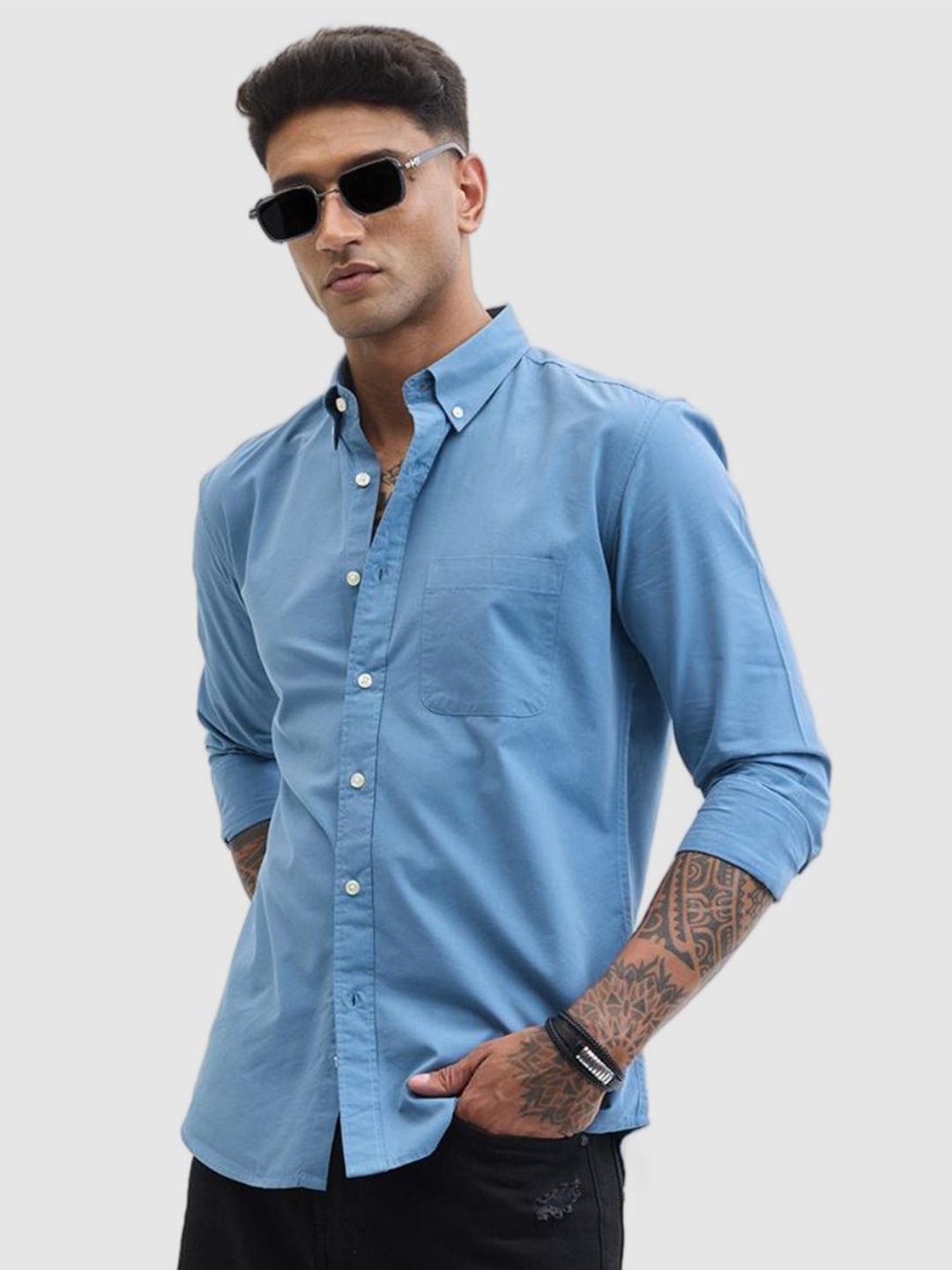 

Snitch Men Smart Fit Button-Down Collar Solid Cotton Casual Shirt, Blue