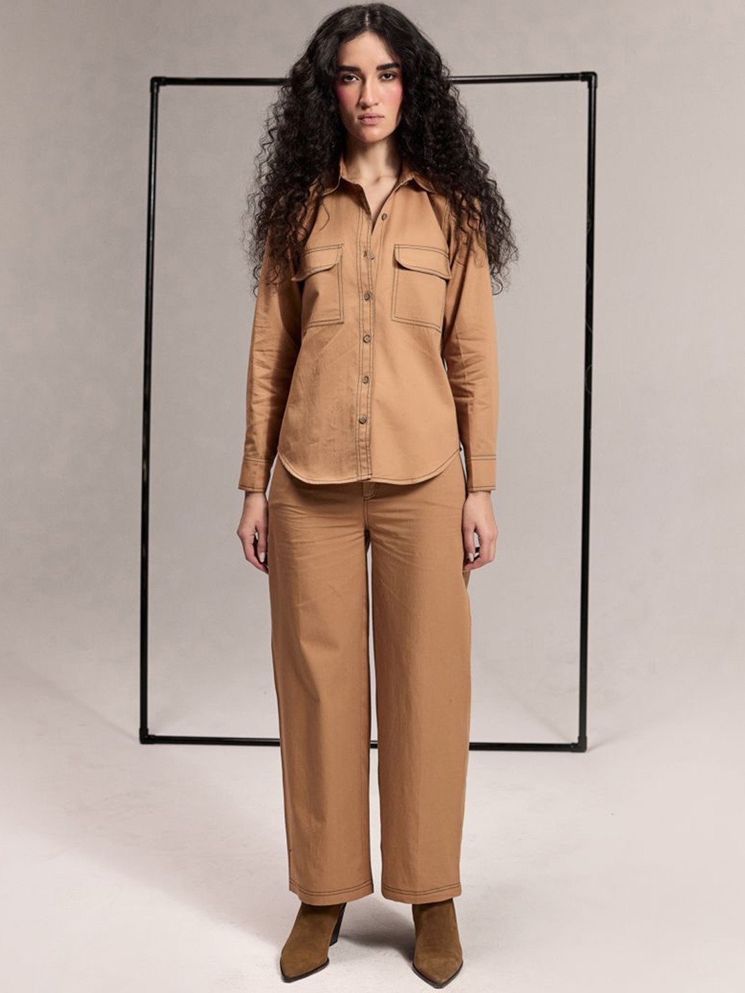 

Midsummer Shirt Collar Shirt With Trouser Co-ord Set, Camel brown