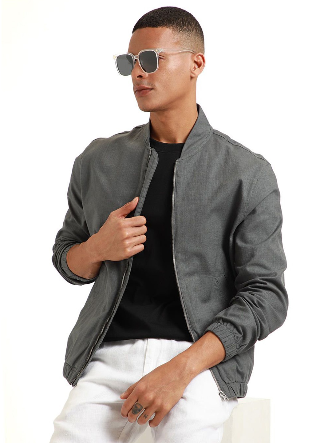 

Banana Club Men Open Front Bomber Linen Jacket, Grey