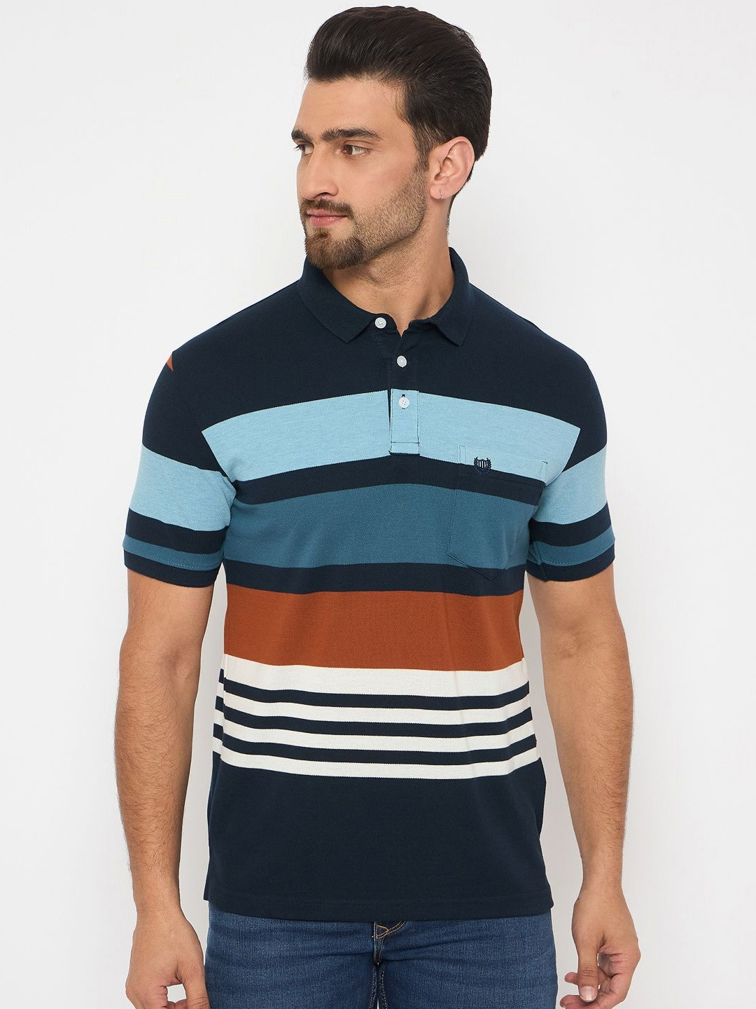 

Duke Men Striped Polo Collar Cotton T-shirt, Navy blue