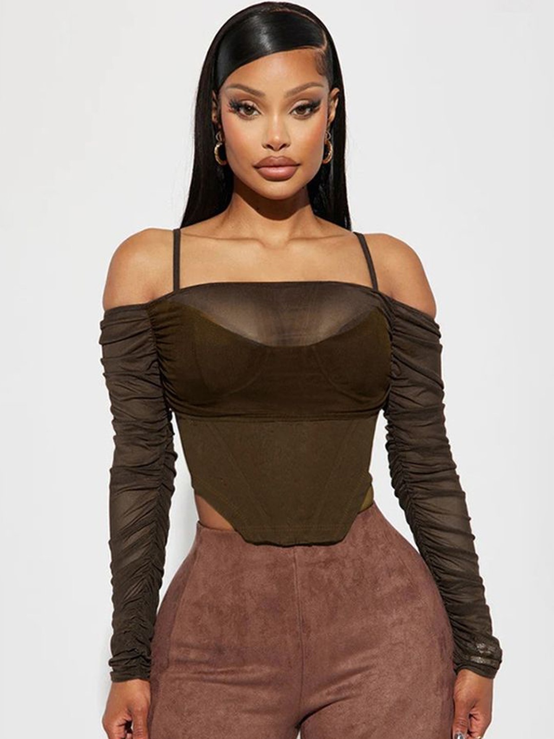 

LULU & SKY Women Off-Shoulder Bardot Top, Brown