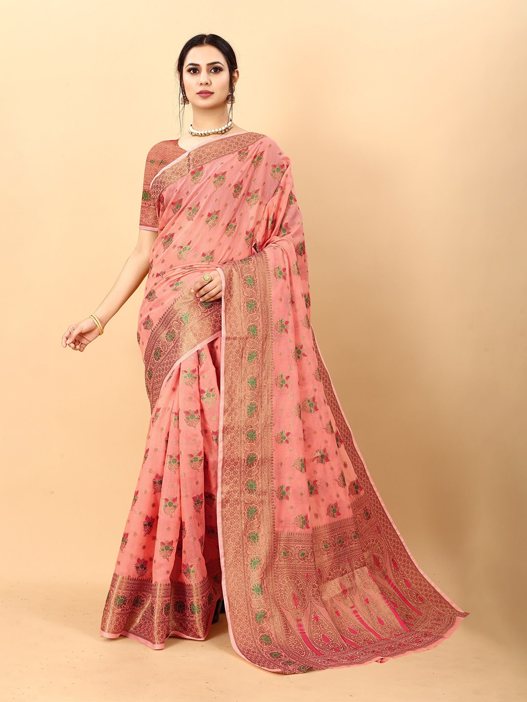 

VEDANT VASTRAM Woven Design Floral Zari Saree, Peach