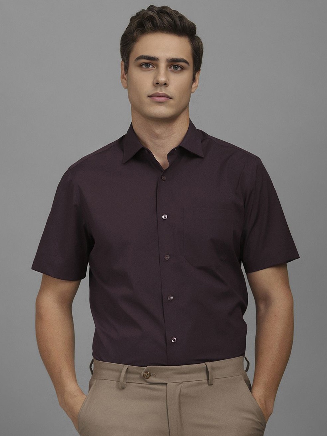 

Louis Philippe Men Classic Slim Fit Spread Collar Solid Cotton Formal Shirt, Burgundy