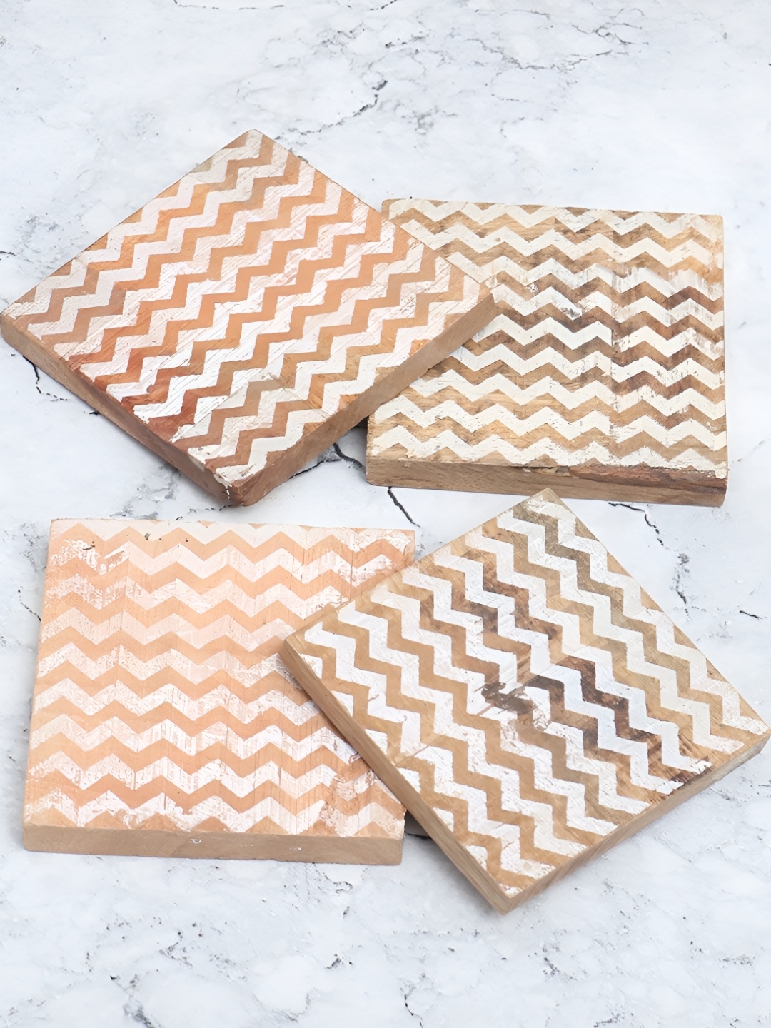 

Indianshelf Brown & Beige 4 Pieces Chevron Printed Square Wooden Dining Table Coasters