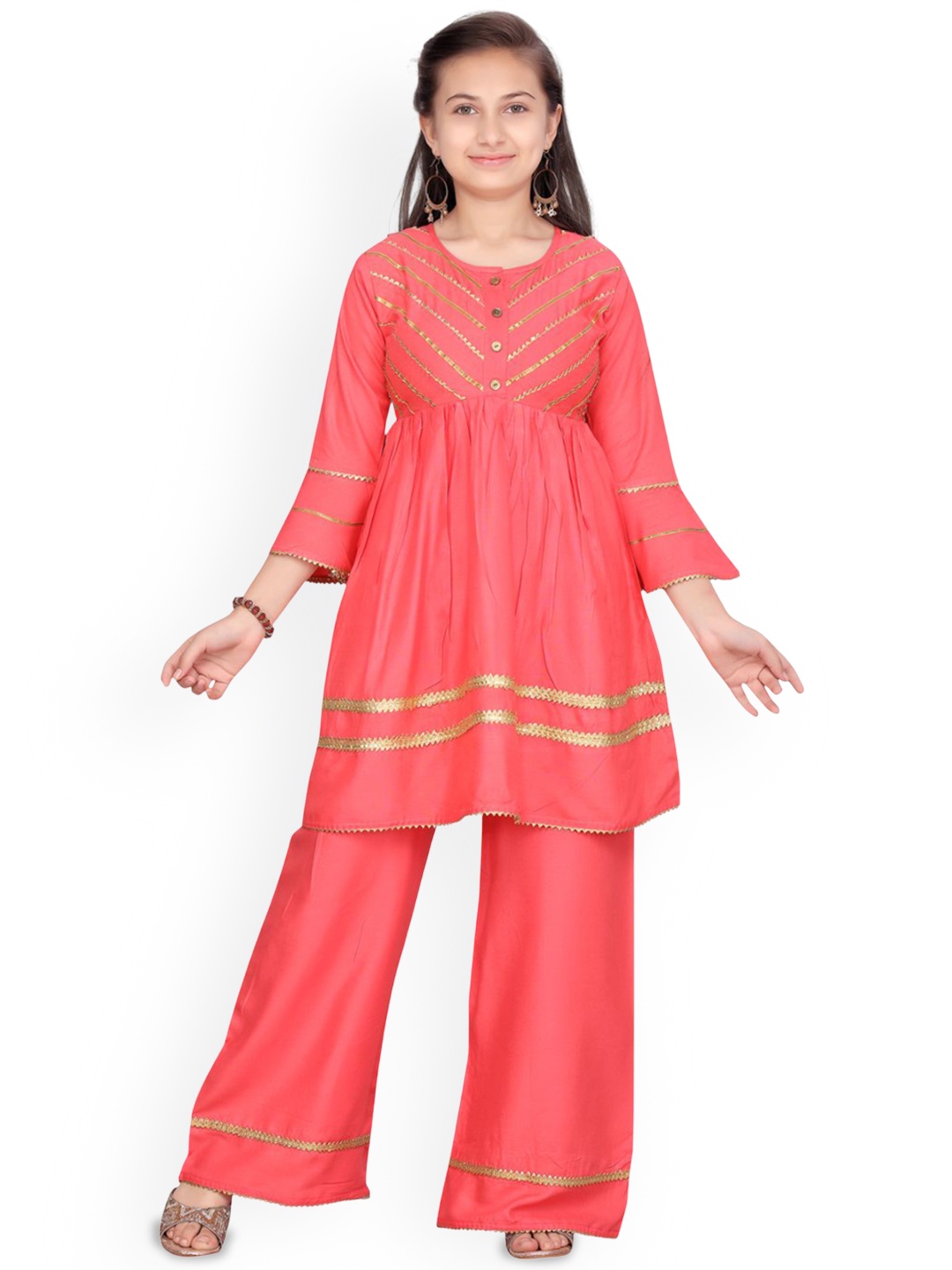 

Sangria Girls Gotta Patti Pure Cotton Anarkali Kurti And Palazzo, Red