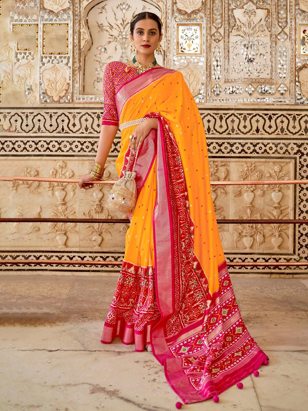 

DEVATITHI Floral Silk Blend Patola Saree, Orange