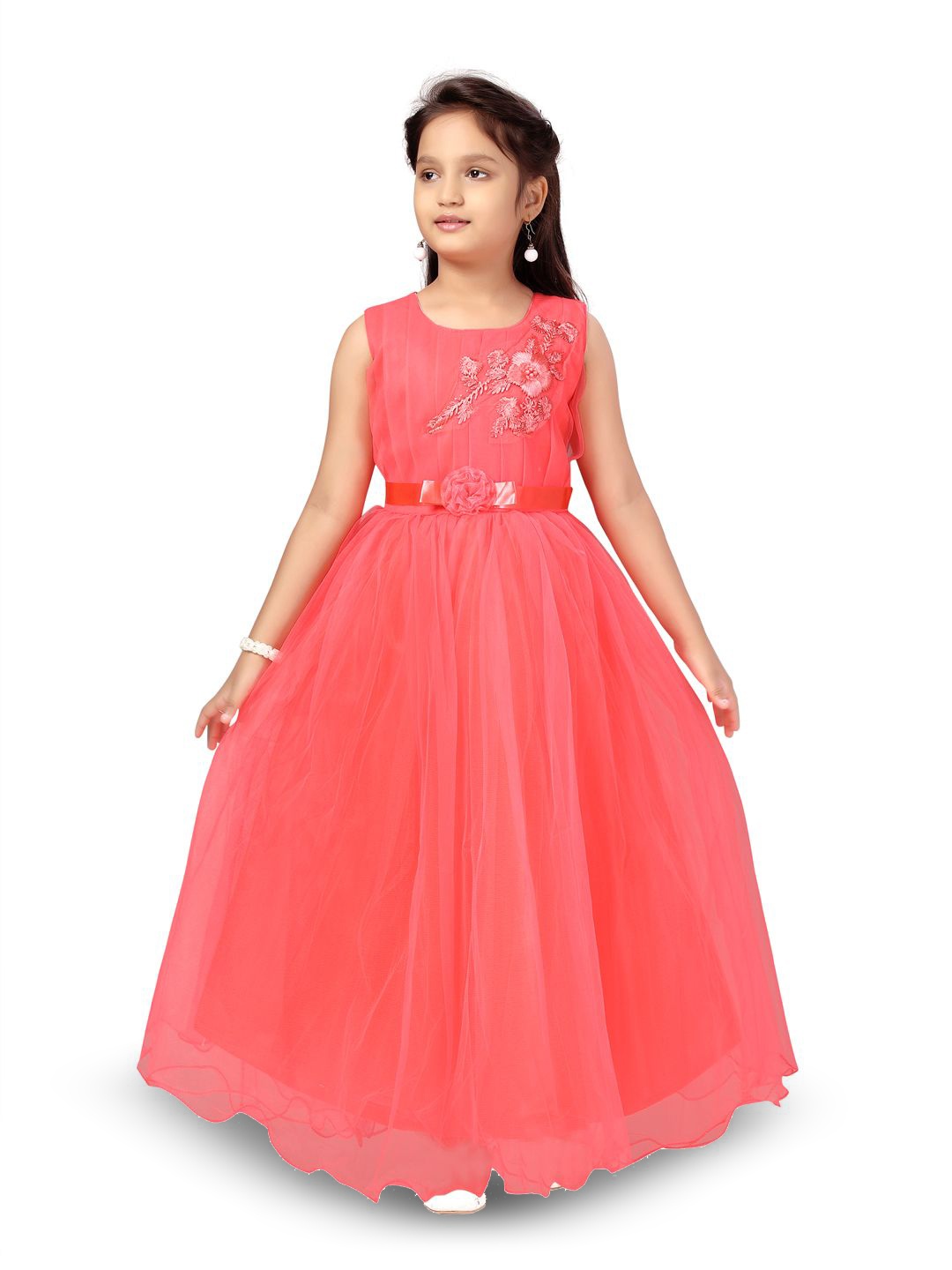 

YK Girls Embroidered Net Gown Maxi Dress, Red