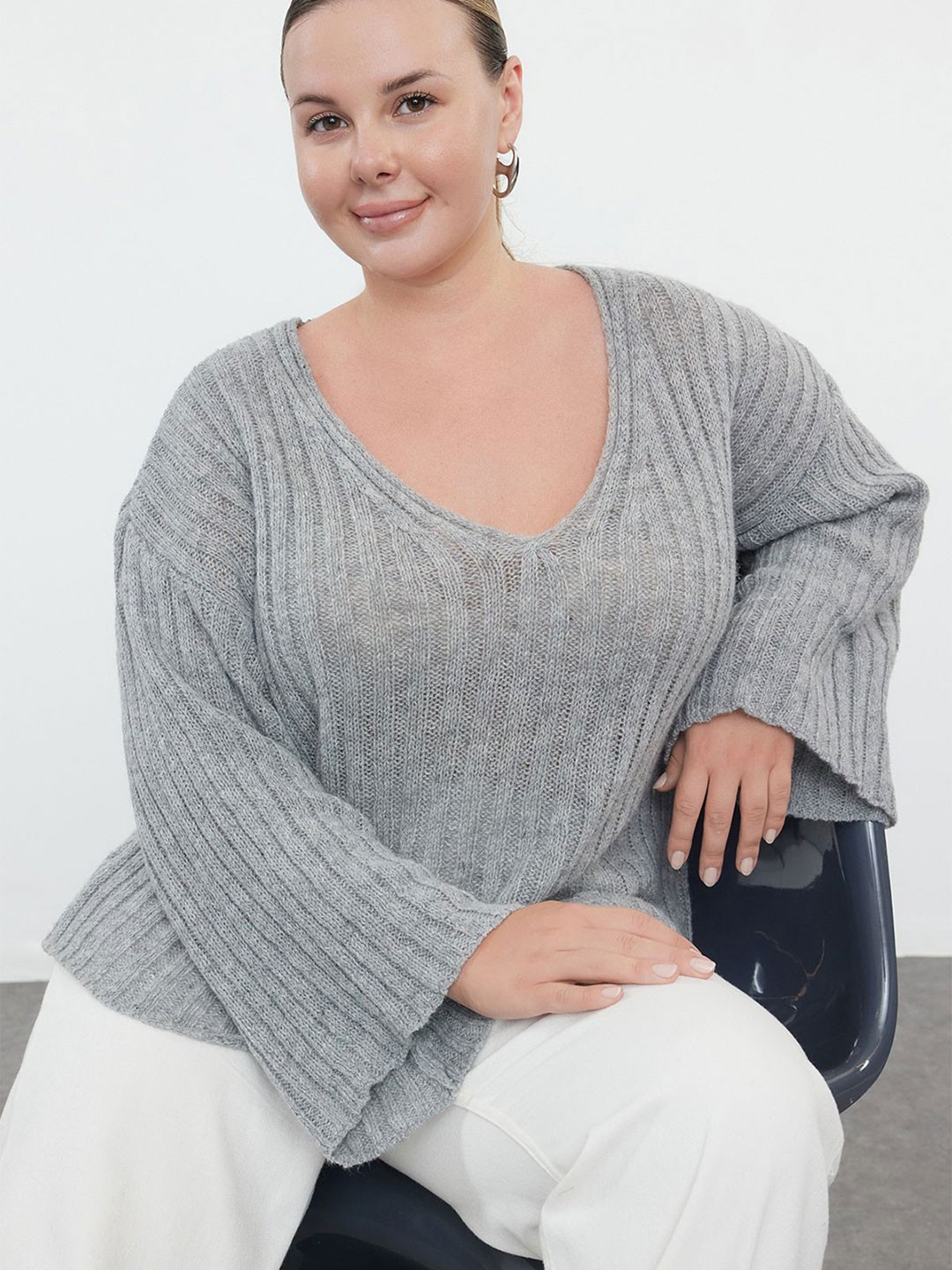 

Trendyol Women Plus Size Ribbed Pullover, Grey